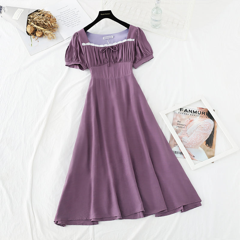 Close waist for thin temperament Square Neck Lace Edge French style 4193