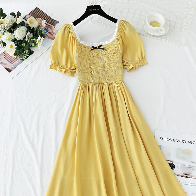 French retro dress square neck bubble sleeve lace edge 4271