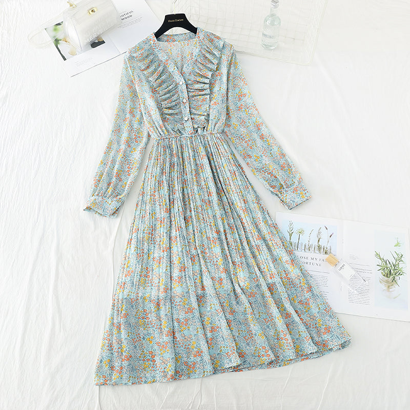 New Vintage high waist thin broken flower pleated fairy Chiffon Skirt 4540