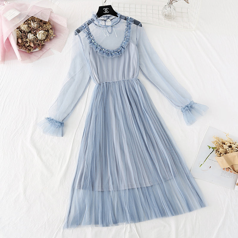New suspender pleated long skirt fairy super fairy series French Retro 4025