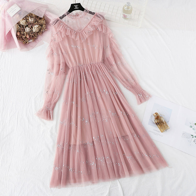 Ruffled suspender fairy Sequin mesh dress 3940