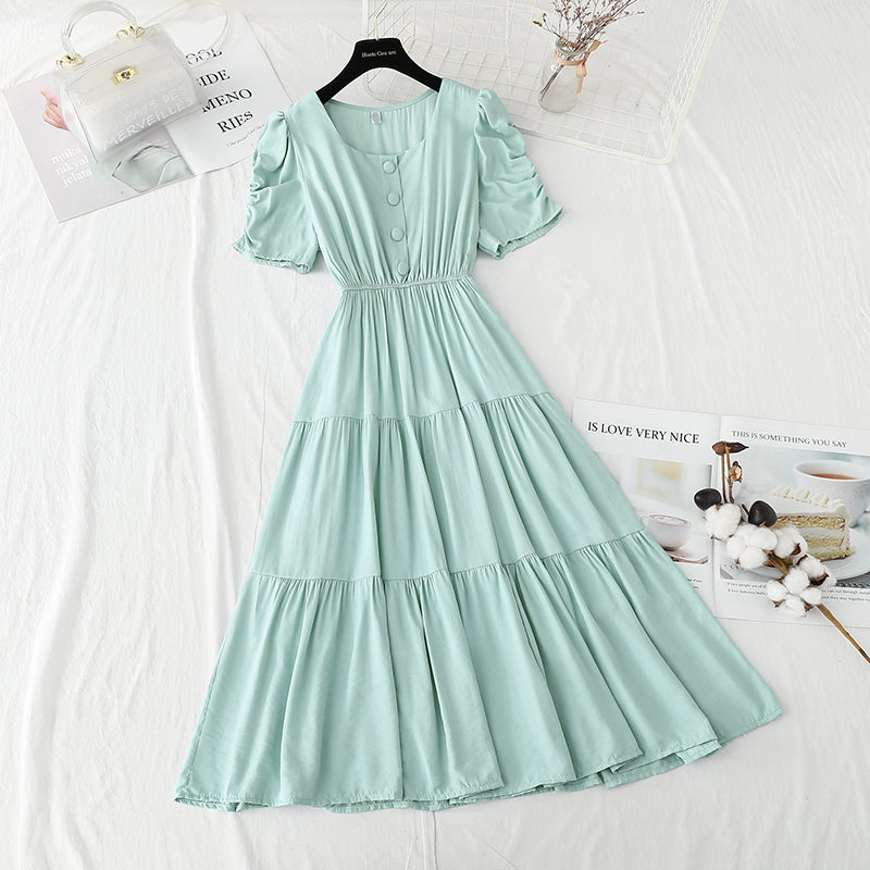 French square neck bubble sleeve fairy skirt with thin temperament 4241