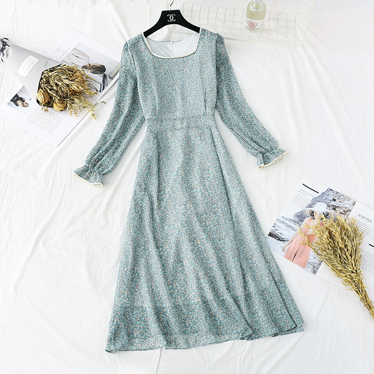 French retro super fairy square collar Lace Floral bottomed long skirt 3997