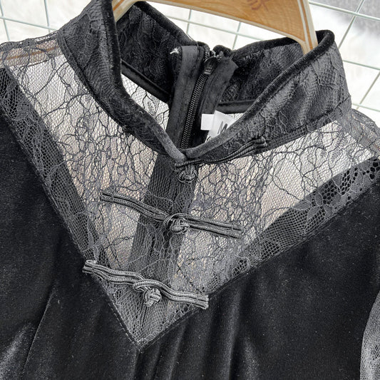 Lantern Sleeve stitched lace golden velvet cheongsam dress 3786