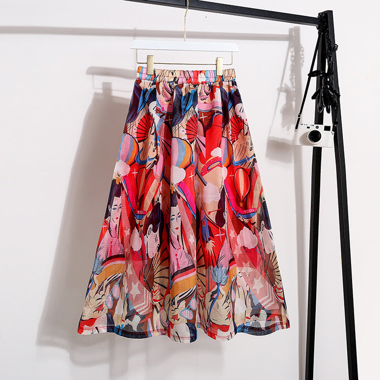 New skirt, silver print beauty, high waist long A-line skirt 3689