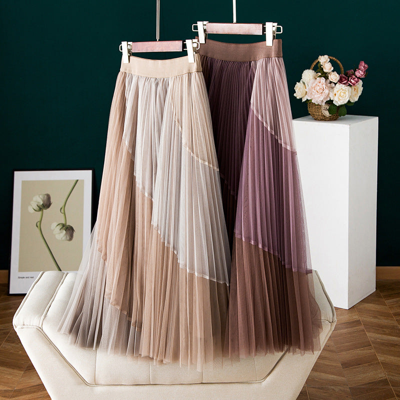 New color mesh gauze skirt, matching color splicing pleated skirt 3702