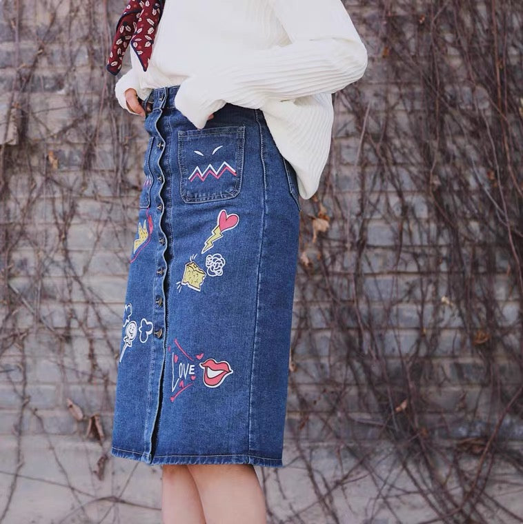 Spring and autumn new style, fashion cowboy skirt, women bodycon denim skirt,cute print A line long skirt 3671