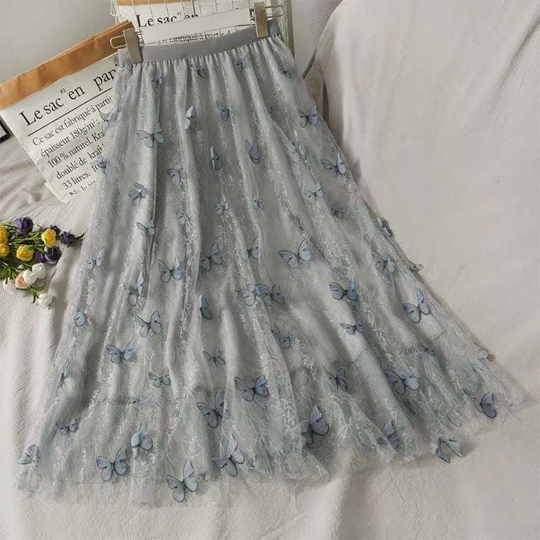 Super fairy sweet, butterfly long gauze skirt, new high waist skirt 3673