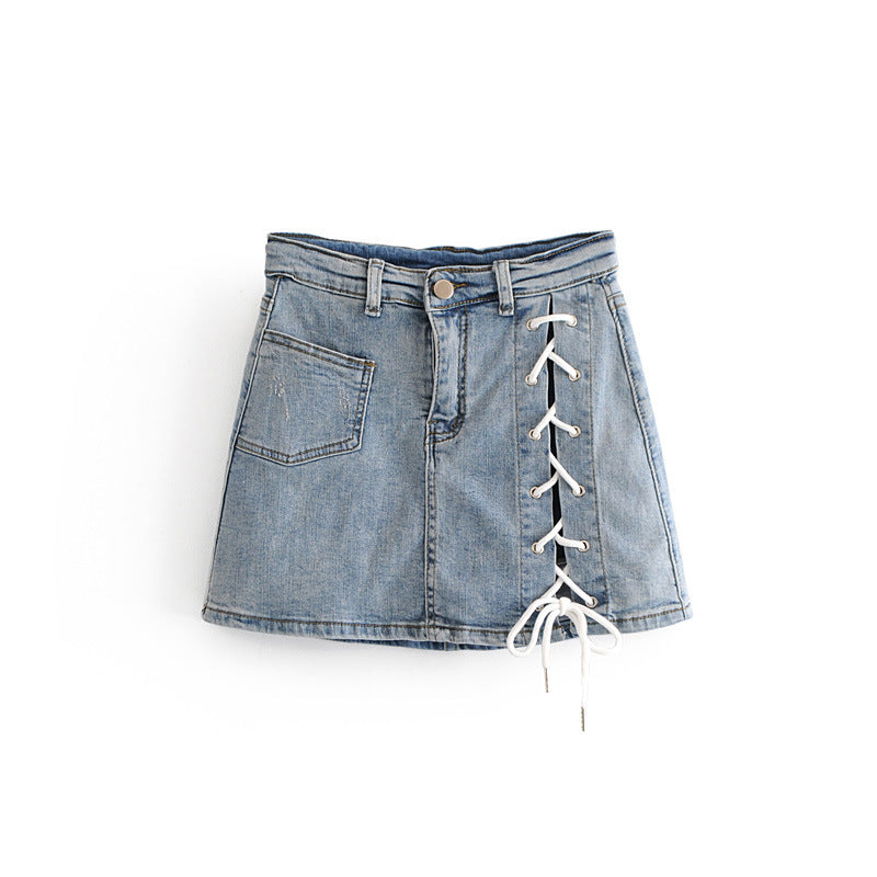 Temperament high waistside lacingstretch hip wrap denim skirt 3717
