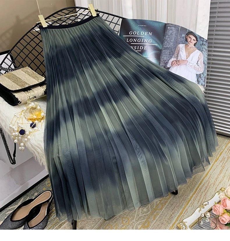 New gauze skirt, clash color stripes pleated skirt, midi vertical skirt with gradient color 3677