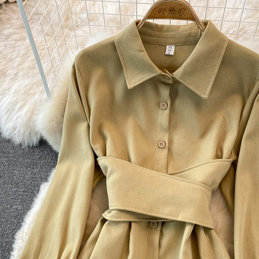 Corduroy bandage single breasted shirt skirt 3762