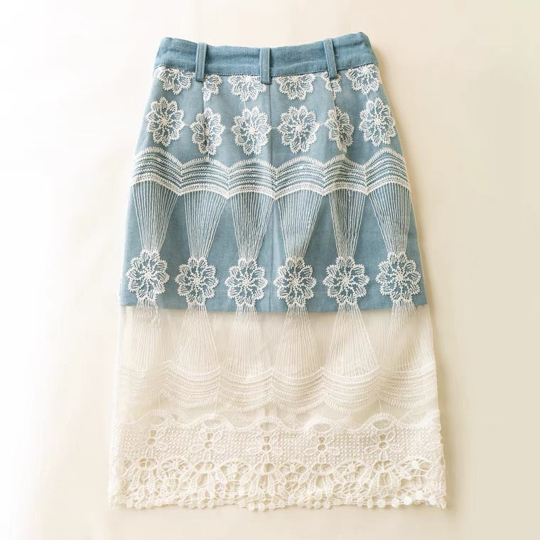 Summer style, literature and art, fashion, small fresh denim skirt, lace mesh splicing 3622