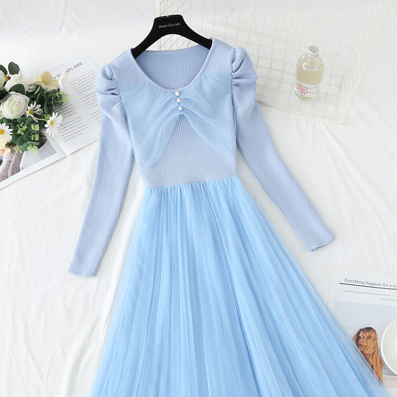 Mesh stitched knitted dress temperament long skirt 4416