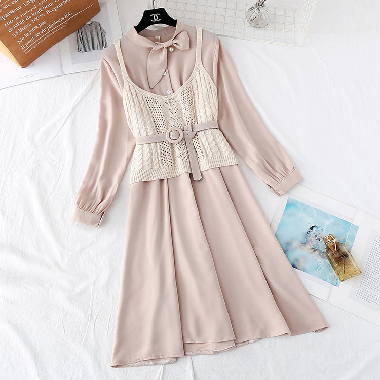 Foreign style college style long sleeve bottomed skirt + suspender vest 4449