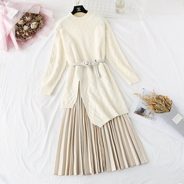 Knee knitted sweater pleated skirt two piece set 4463