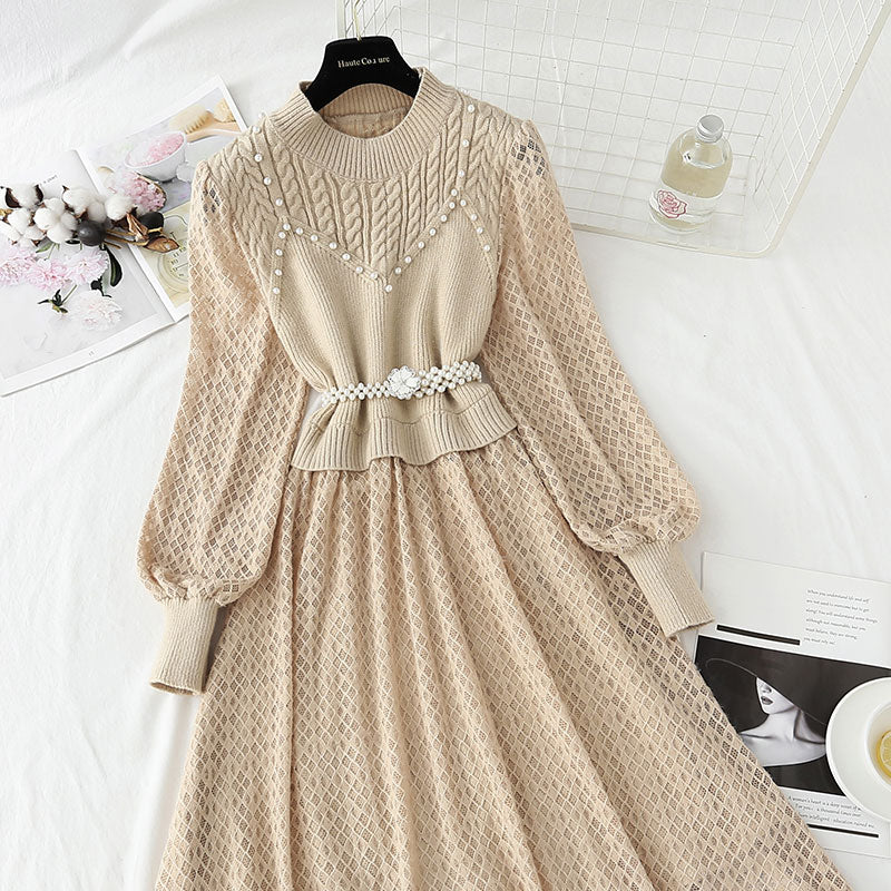 New super fairy lace stitched knitted dress 4435