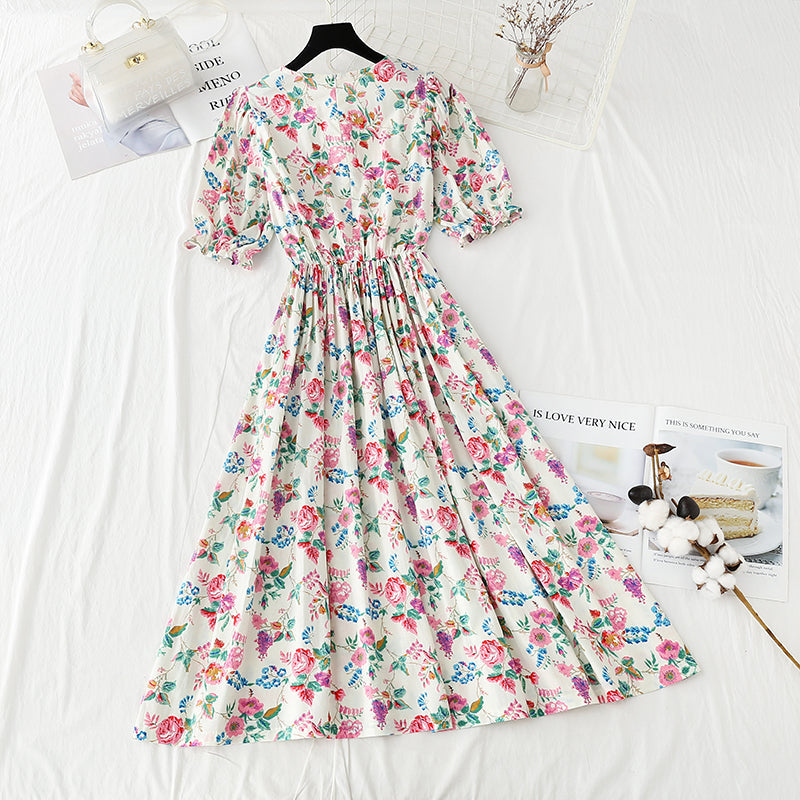 French gentle wind bubble sleeve skirt with thin waist and floral long skirt 4238