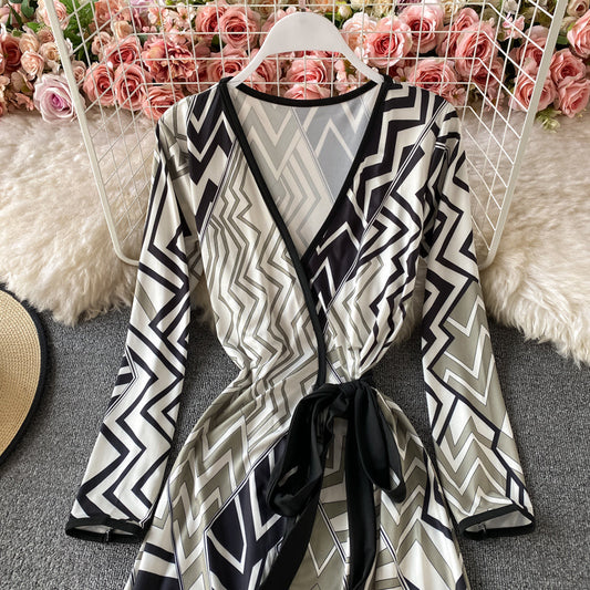 One piece split lace up wrap skirt with slim waist geometric print skirt 3783