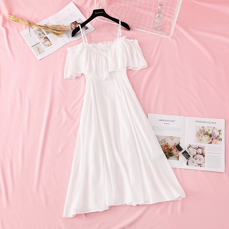 One shoulder sling Ruffle French retro gentle long skirt 4160