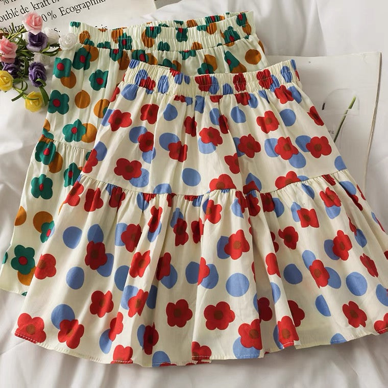 Patchwork high-waisted A-line skirt, printed polka dot skirt 3597