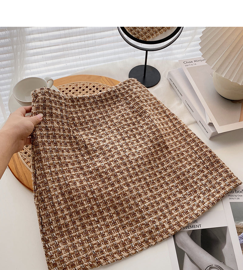Vintage Plaid tweed skirt temperament high waist A-line skirt 5274