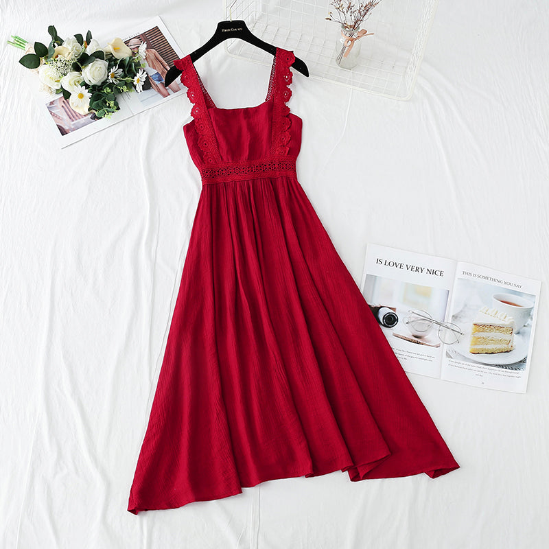Cotton linen dress French retro gentle suspender dress 4263