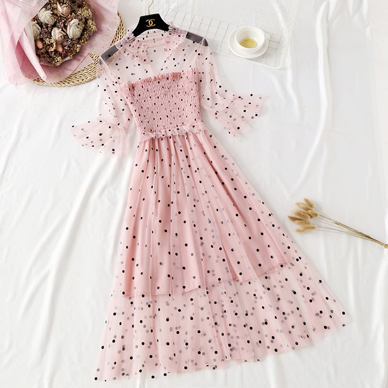 Small wave dot mesh dress retro long skirt over the knee 4465