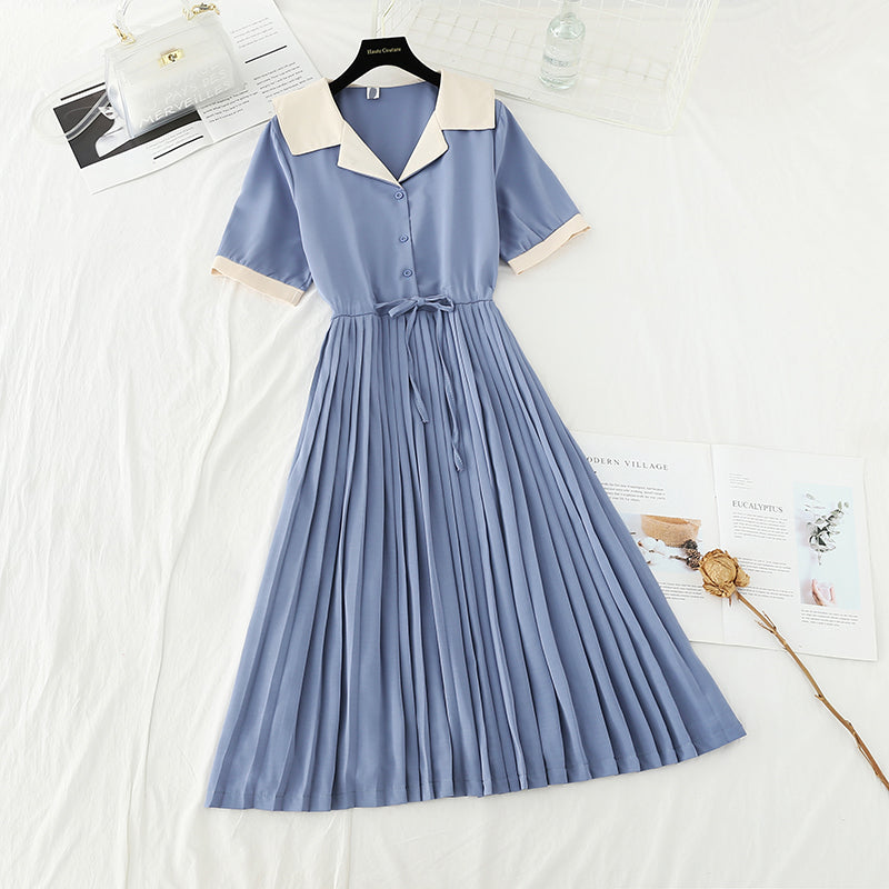 New style suit collar belt waistband slim pleated French dress 4676