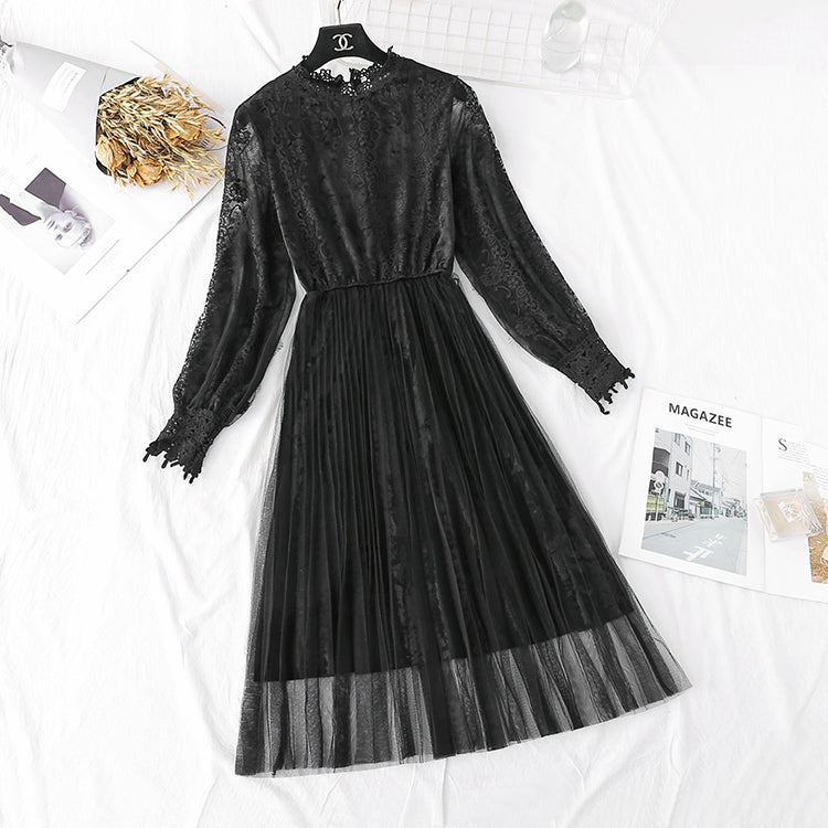 New lace pleated fairy gold velvet mesh dress 4483