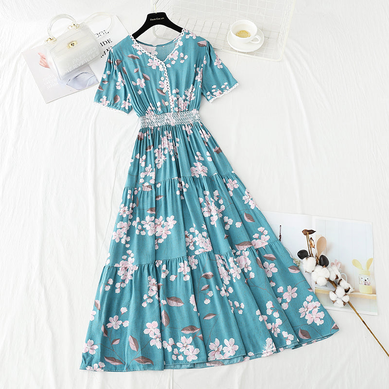 Cotton linen dress female V-neck floral dress waist 4245