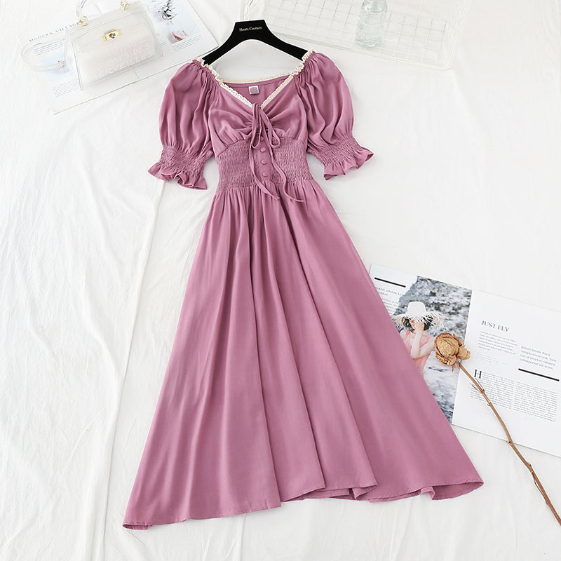 New style bubble sleeve length French retro skirt with slim waist 4218
