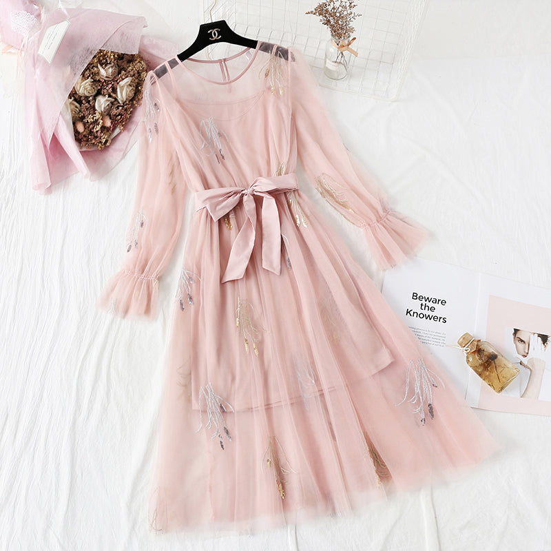 Embroidered mesh dress national minority Platycodon skirt French retro skirt 4305