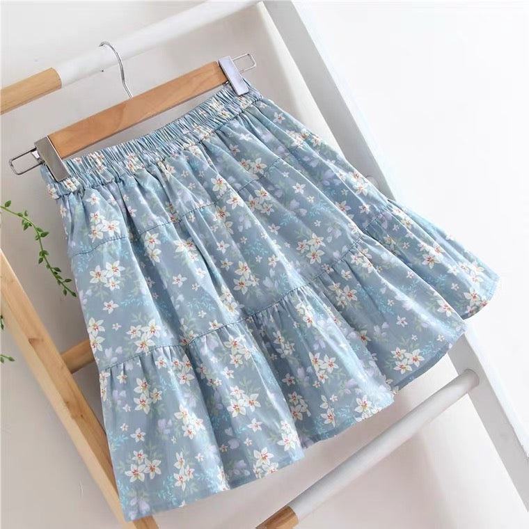 Floral skirt, new style, cotton and linen, small fresh, preppy style, high waist pleated skirt 3586