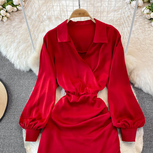 Lapel waistband slim pleated buttock bottomed dress 3752