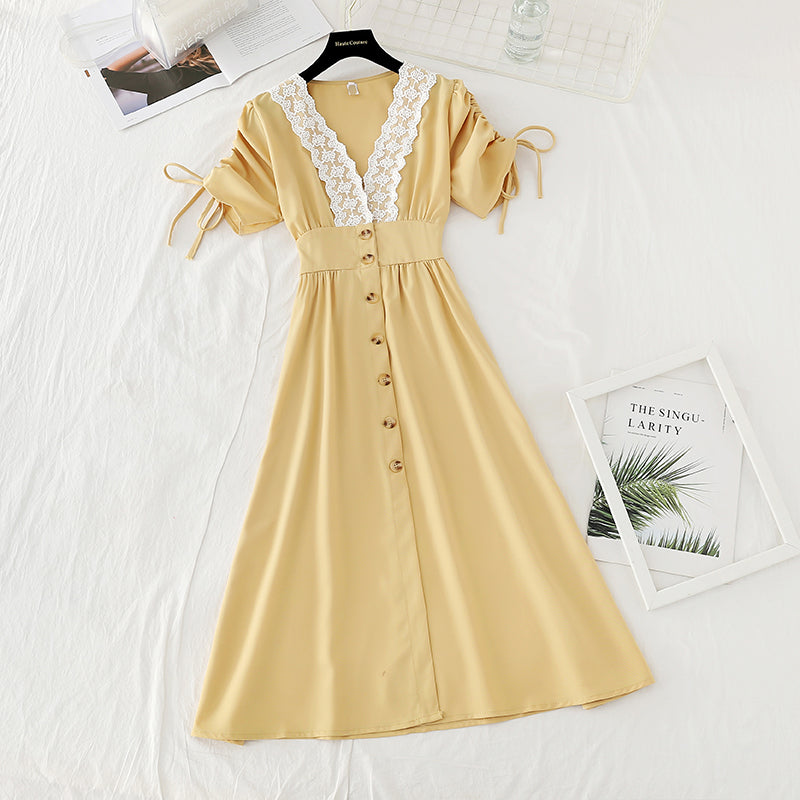 New lace edge bubble sleeve French retro dress 4166
