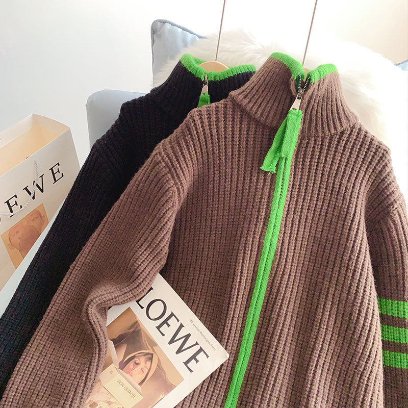 Lazy design high neck zipper sweater cardigan women 4953