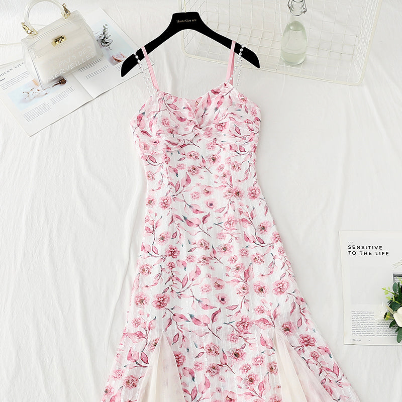 Design sense niche purple fishtail skirt Chiffon floral suspender dress 4124
