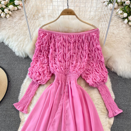High waist slim long skirt with lantern sleeves and large swing 3778