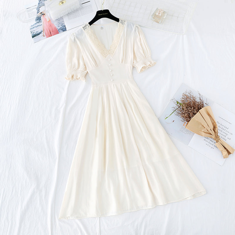 Super fairy bubble sleeve gentle wind high waist thin temperament dress 4209