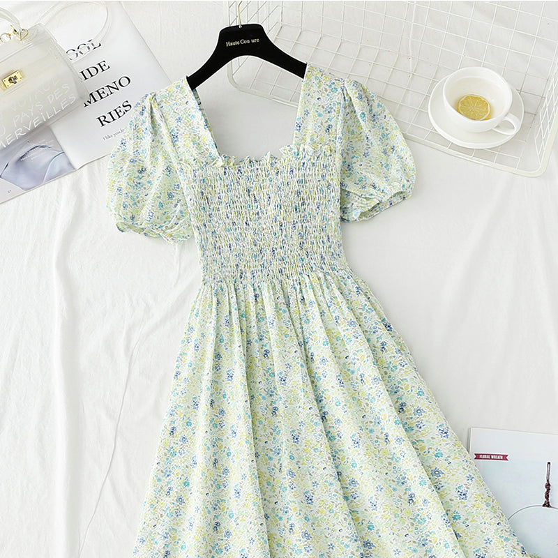 New sweet backless Chiffon floral skirt bubble sleeve 4896