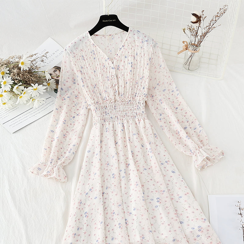 Pleated knee length floral dress gentle wind thin temperament slim skirt 4808