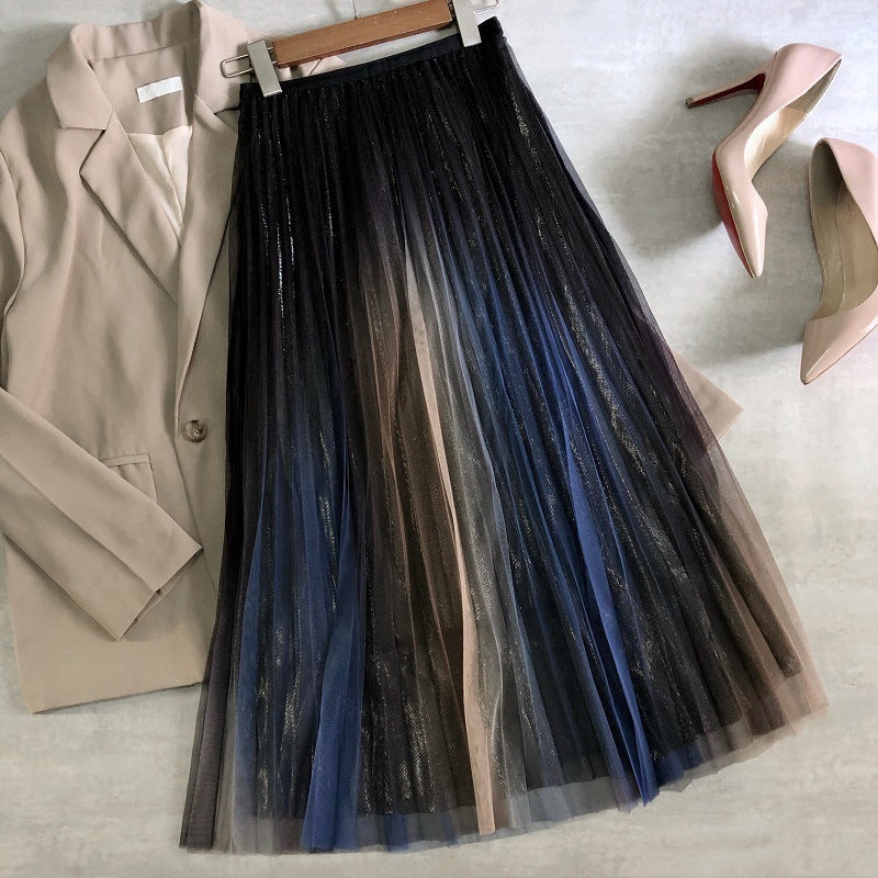 Spring and summer new style, bright silk skirt, rainbow gradient net gauze skirt 3707