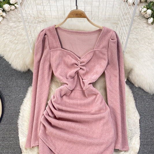Irregular pleated corduroy slim wrap arm dress 3766