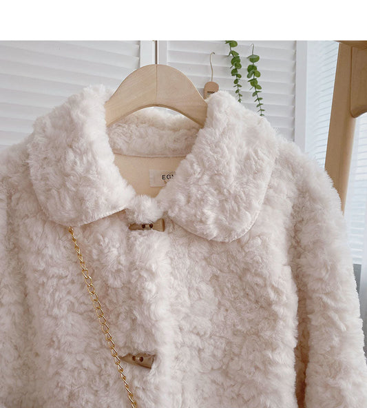 Korean thickened loose lamb wool one-piece coat small ox horn button top 6226