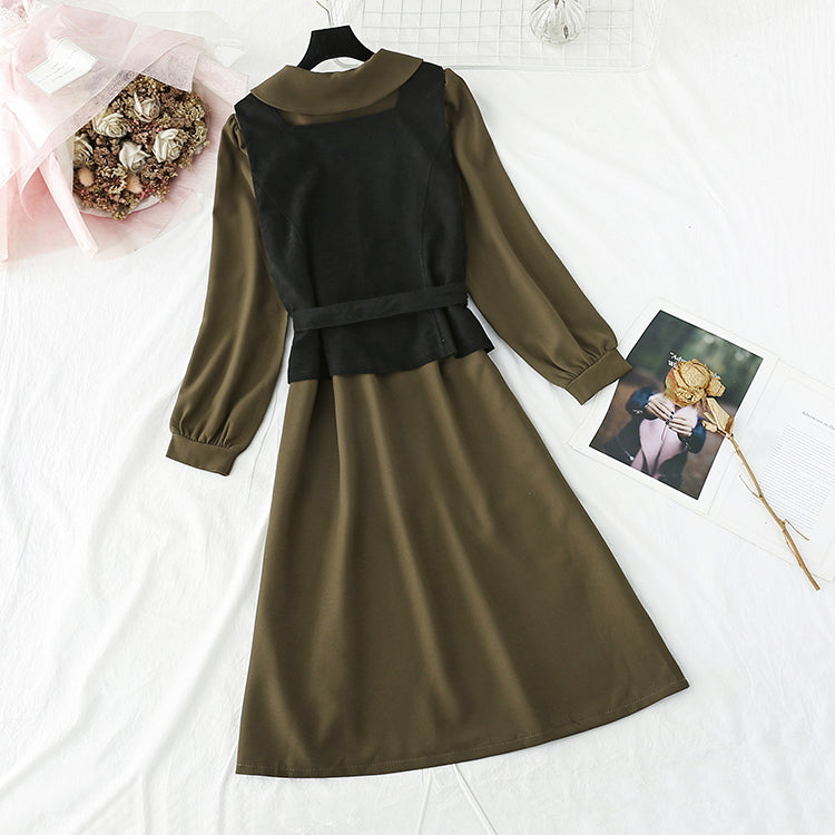 New Vest + French retro doll neck long sleeve bottomed skirt 3949