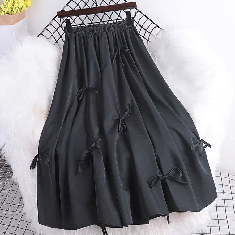 Summer, new style, high-waisted, bow-tie mid-length, stylish full-length A-line skirt 3544