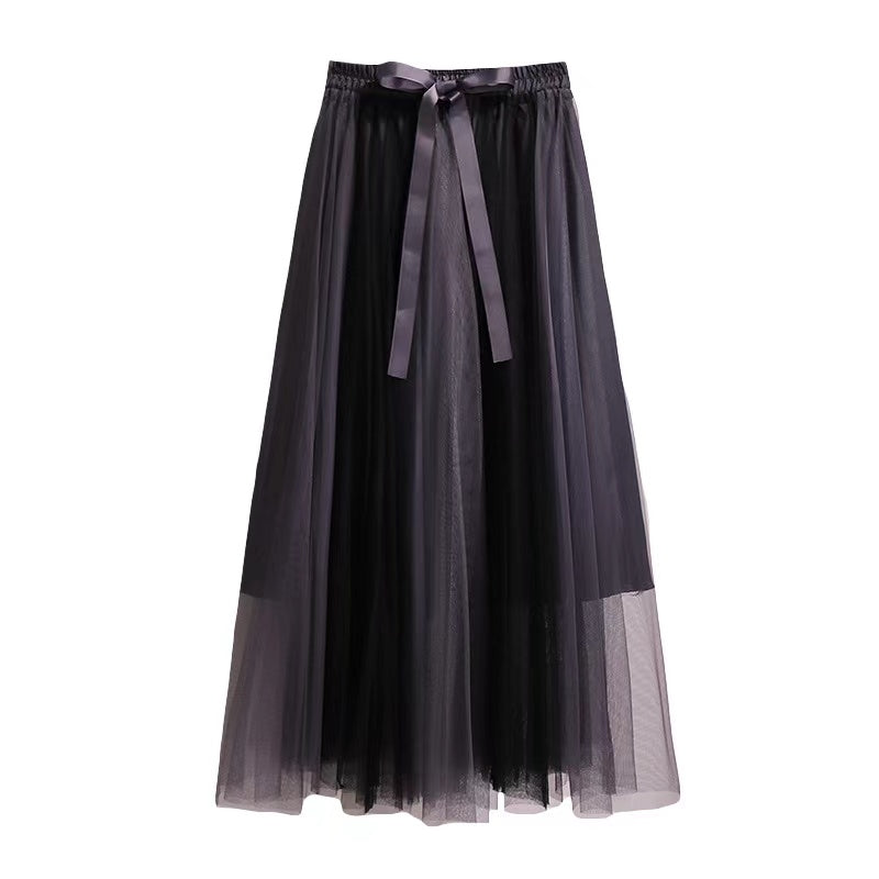 patchwork belt large drape feeling gauze skirt 3684