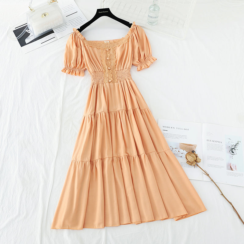 New style goddess of temperament fan lace edge French retro long skirt 4644