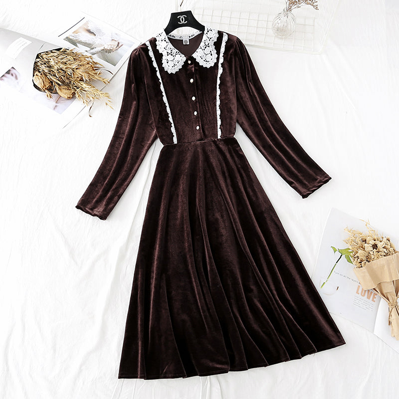 New lace doll neck light familiar French retro skirt 4024