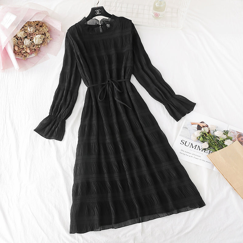 Slim Pleated Chiffon Dress French retro Platycodon skirt 4500